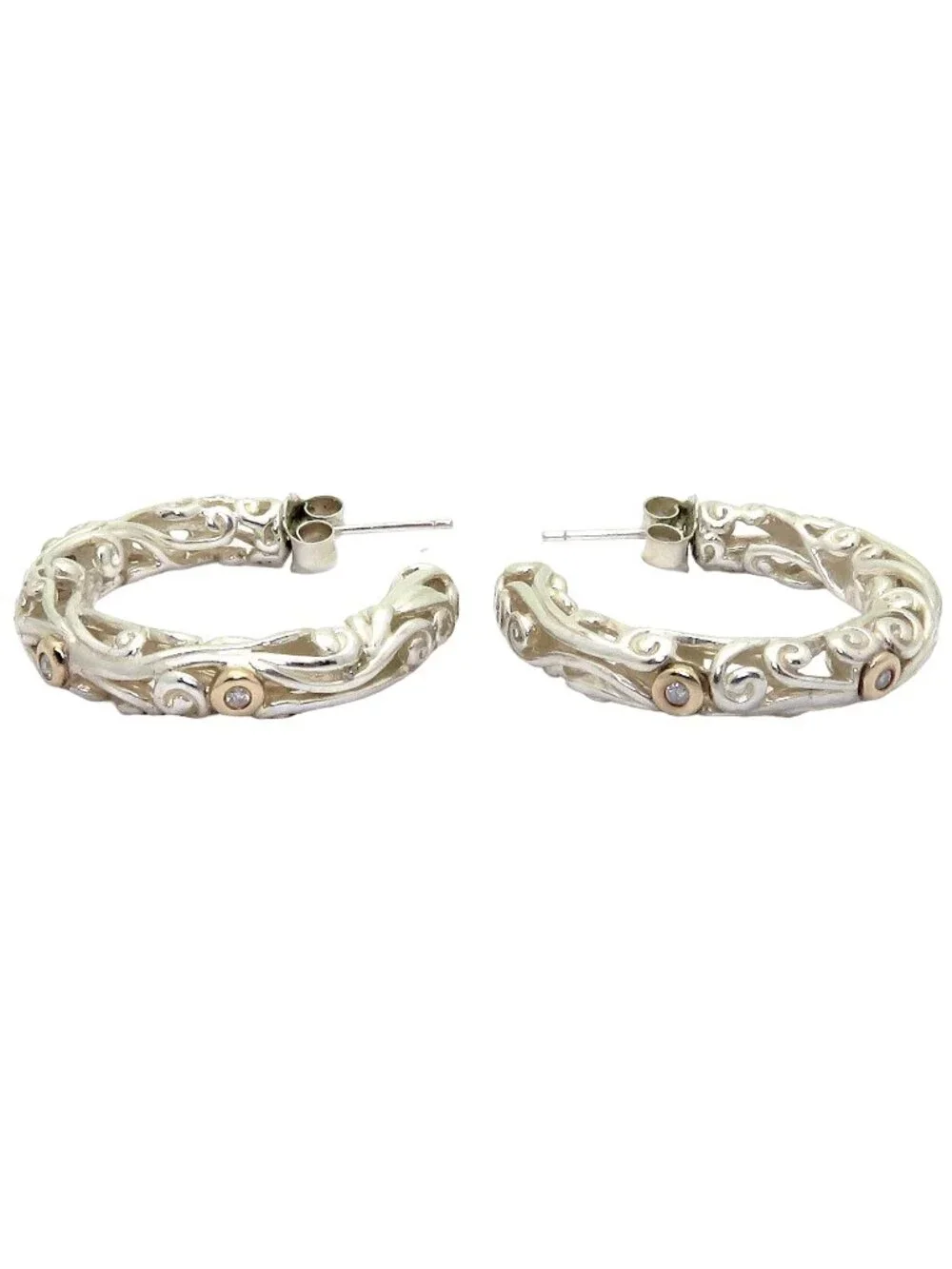 Vintage ATR 925 Sterling Silver & 14K Gold Diamond Filigree Hoop Earrings 10.3g